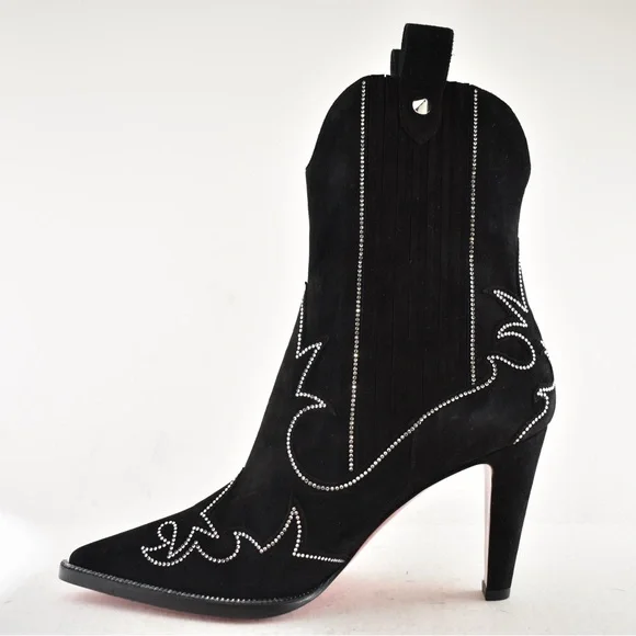 Christian Louboutin Santigag Strass 85 Black Suede Western Ankle Heel Boot 40 - Picture 13 of 16